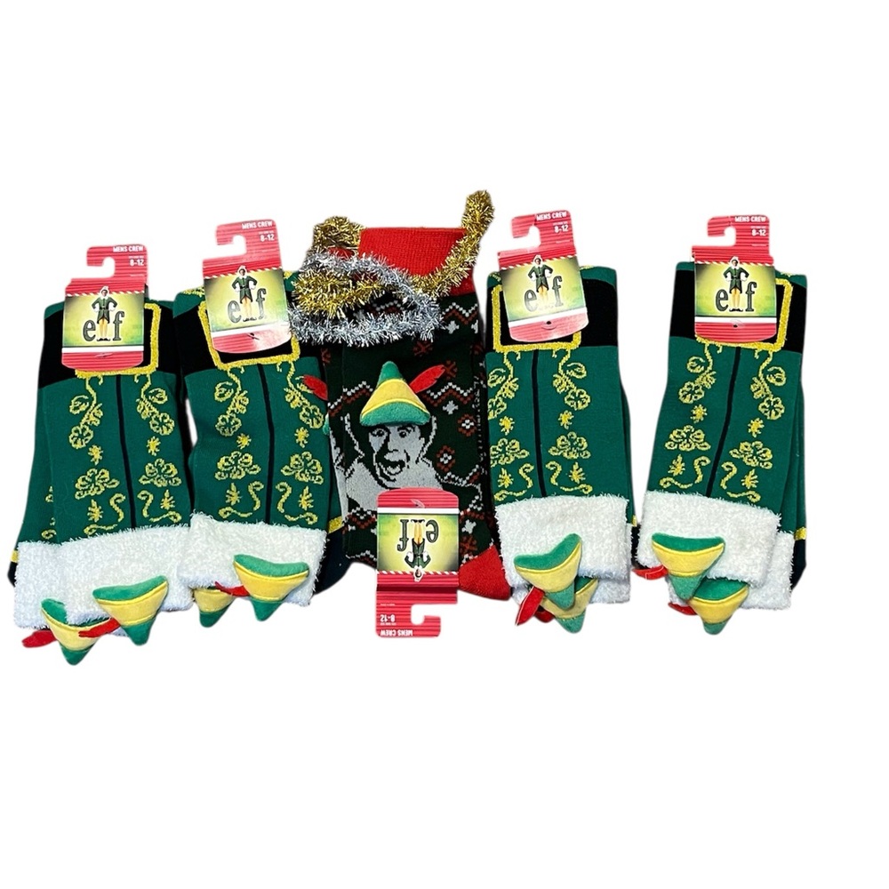 5 Pair Bundle -Elf  3D Costume Design Felt Hat Hunter Green Crew Sock Size: 8-12
